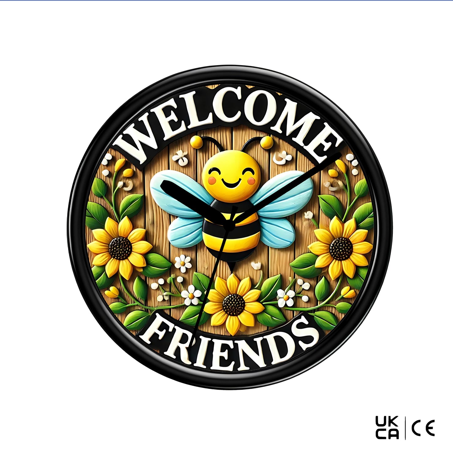 Decorative clock with a bee and sunflowers and 'Welcome Friends' text on a white background.
