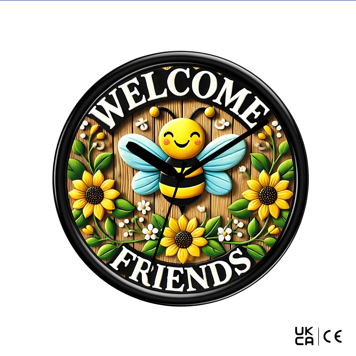 Decorative clock with a bee and sunflowers and 'Welcome Friends' text on a white background.