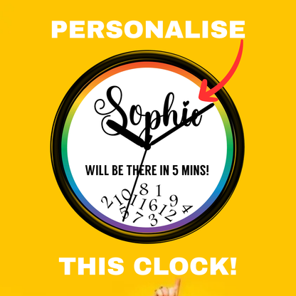 Personalizable clock with rainbow border on yellow background