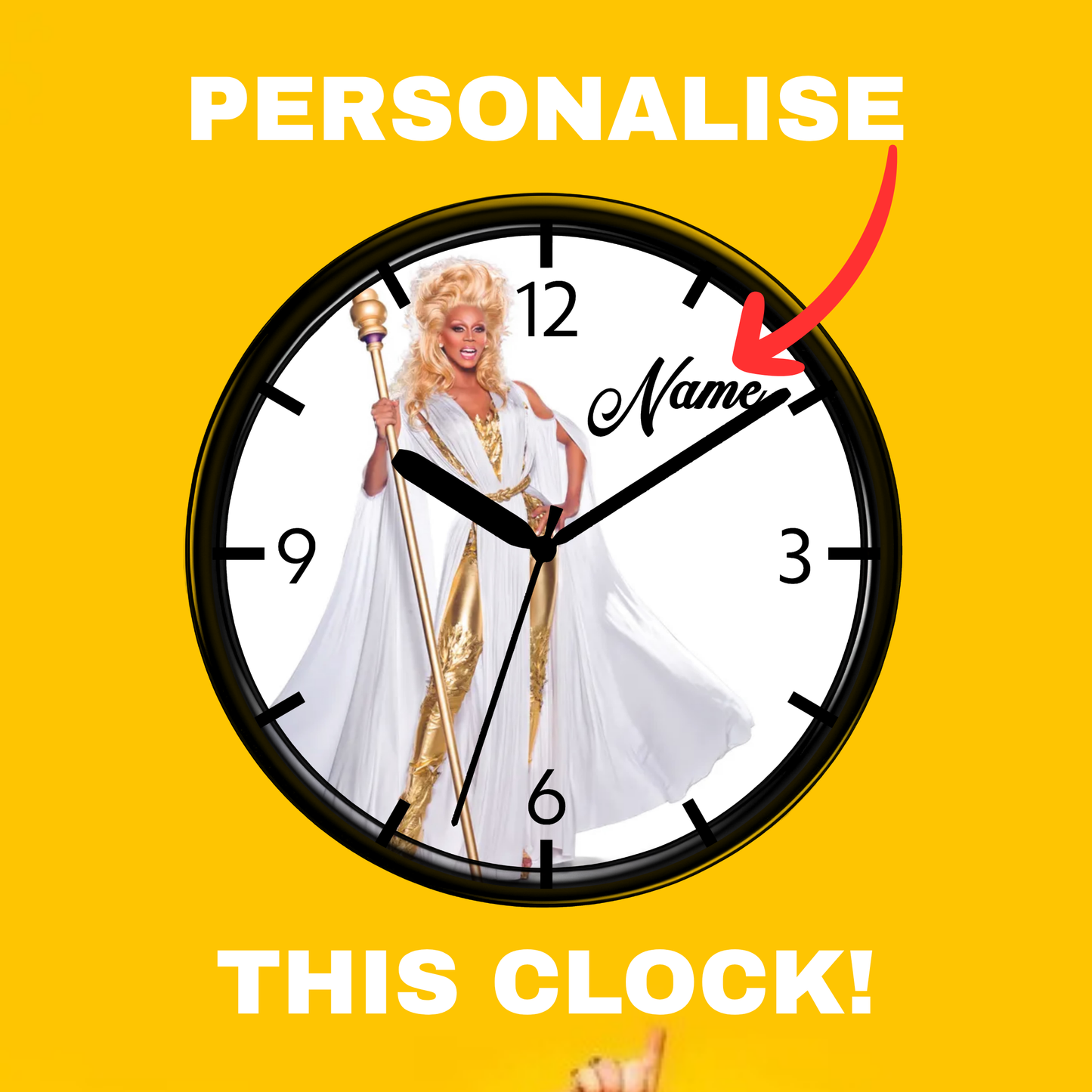 Clock with RuPaul the mother of drag on a yellow background, with text prompting personalization.