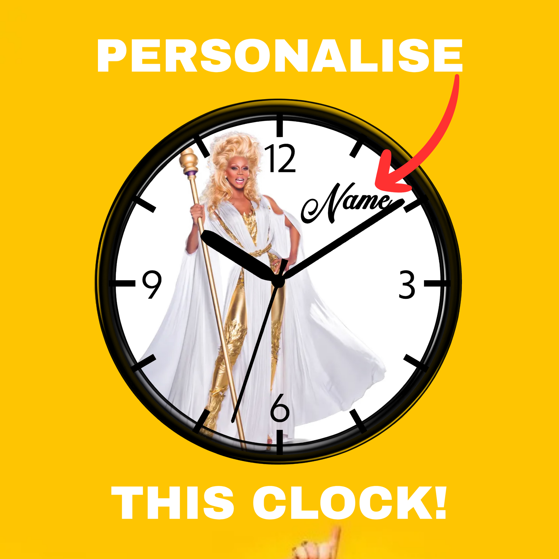 Clock with RuPaul the mother of drag on a yellow background, with text prompting personalization.
