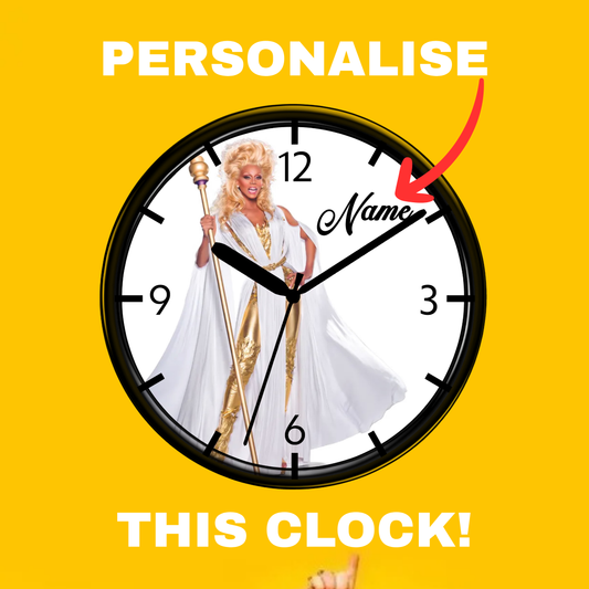 Clock with RuPaul the mother of drag on a yellow background, with text prompting personalization.