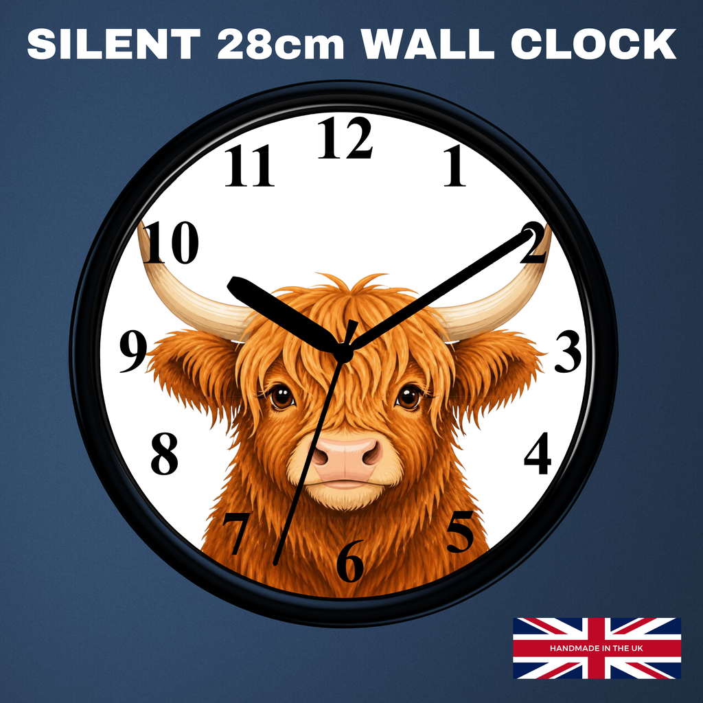 A round wall clock with a black frame and a white face featuring a detailed illustration of a brown highland cow. The clock is shown against a dark blue background with the text 'SILENT 28cm WALL CLOCK' at the top and a small 'Handmade in UK' flag graphic in the bottom right corner.