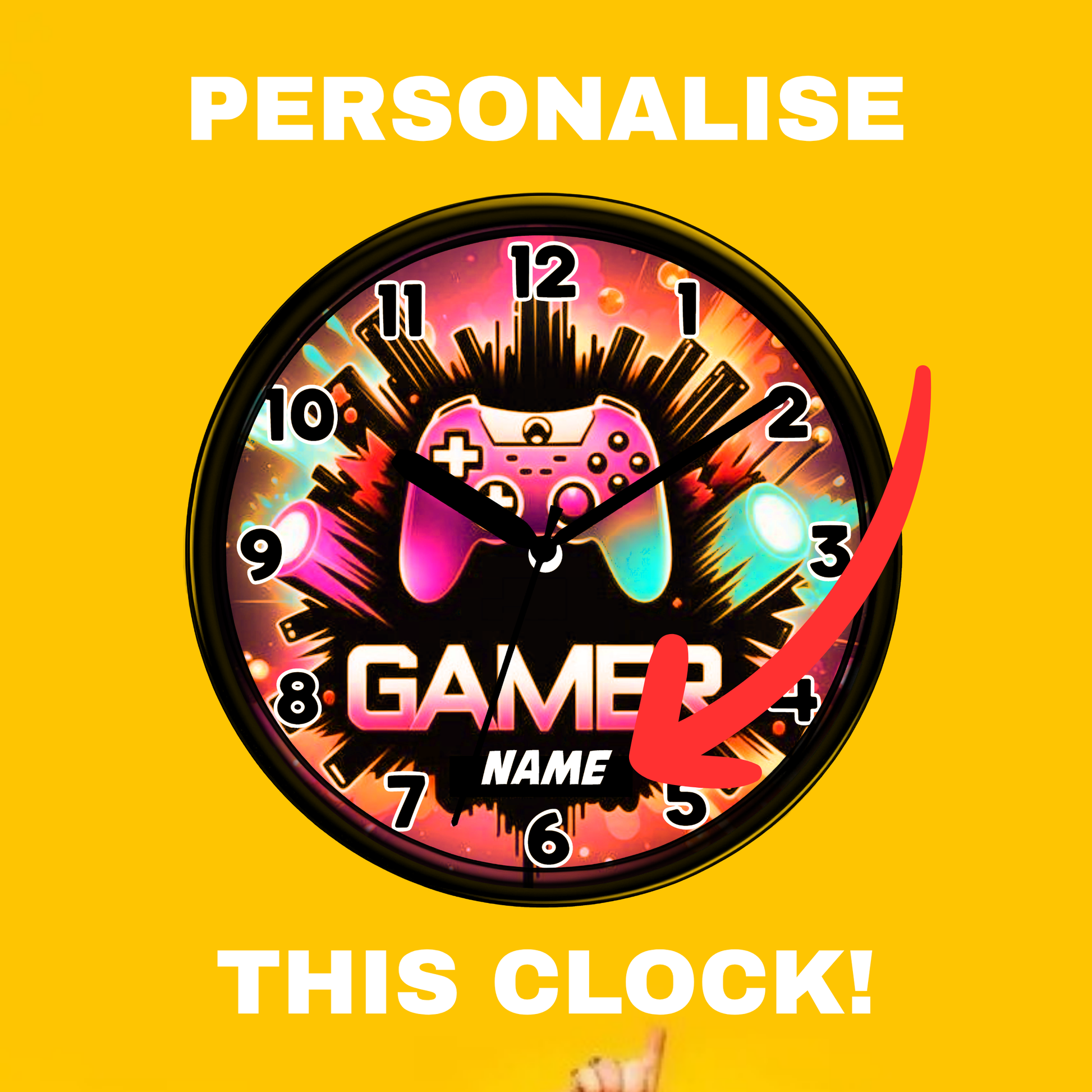 Gaming-themed clock with controller design on a yellow background, featuring text to personalize the clock.