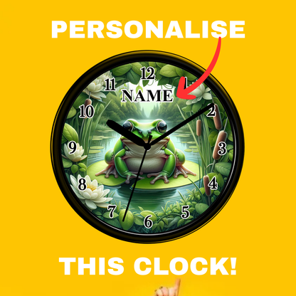 Decorative clock with a frog design on a yellow background, featuring text to personalize the name.