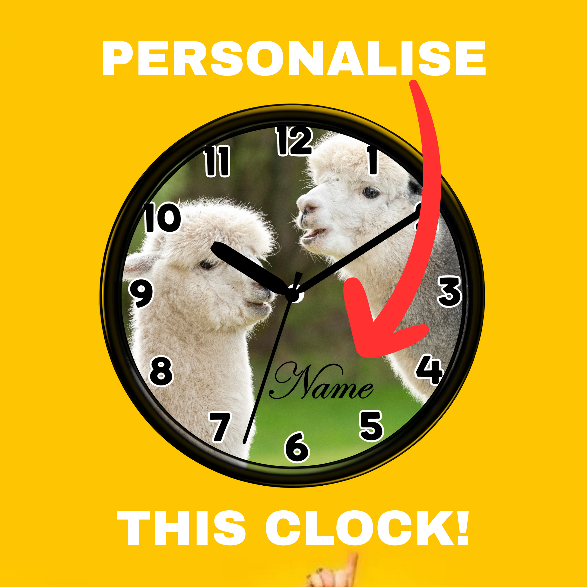 Clock with two alpacas on a yellow background, prompting personalization.
