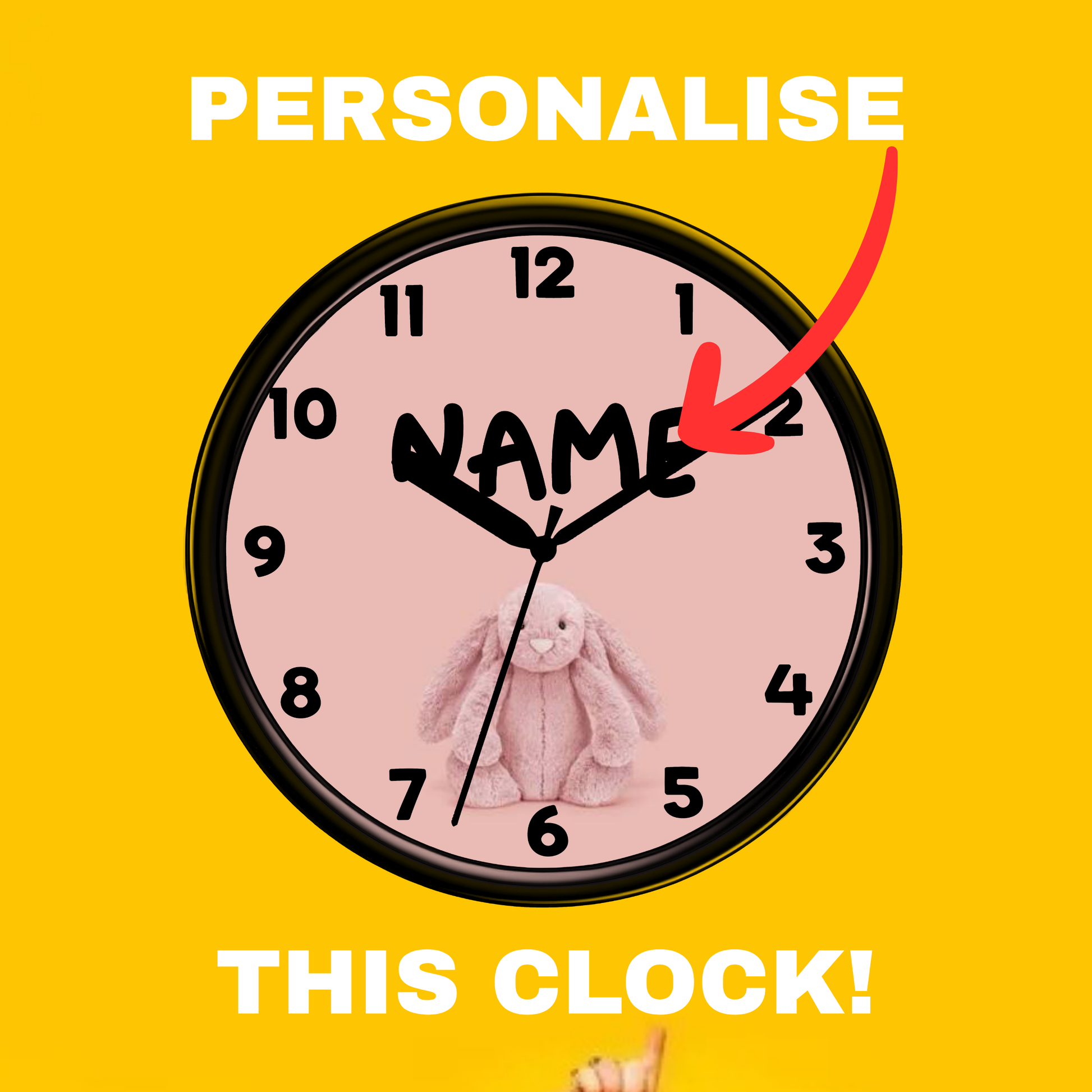 Personalised Teddy Bear Wall clock from The Smitten Society. Featuring a pink bunny rabbit teddy bear. 