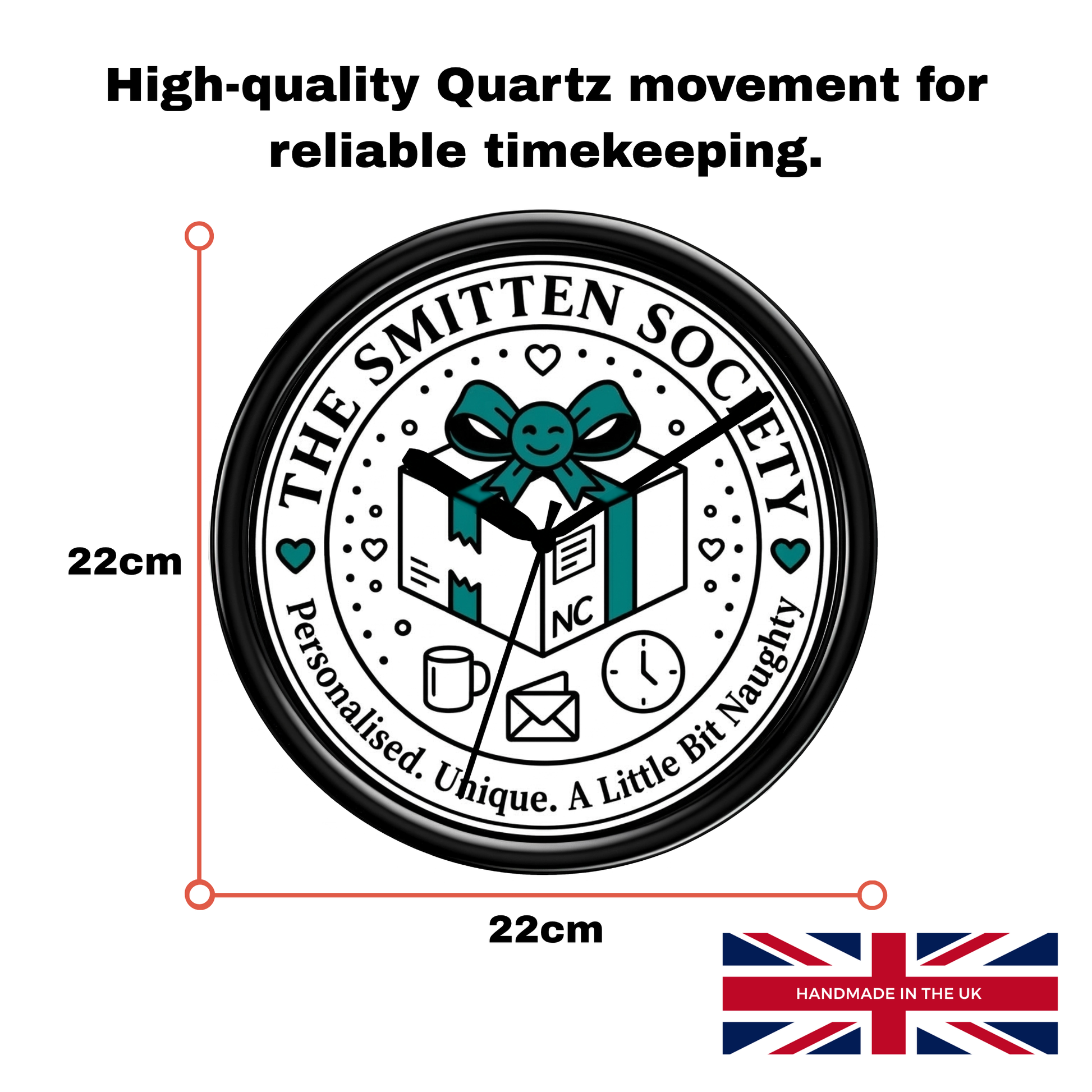 Circular logo for 'The Smitten Society' on a black wall clock with text and measurements on a white background.