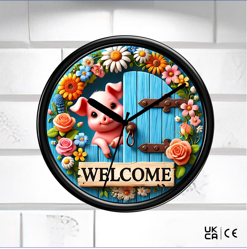 Black wall clock on a white brick background featuring an image of a pig and a sign saying "welcome"