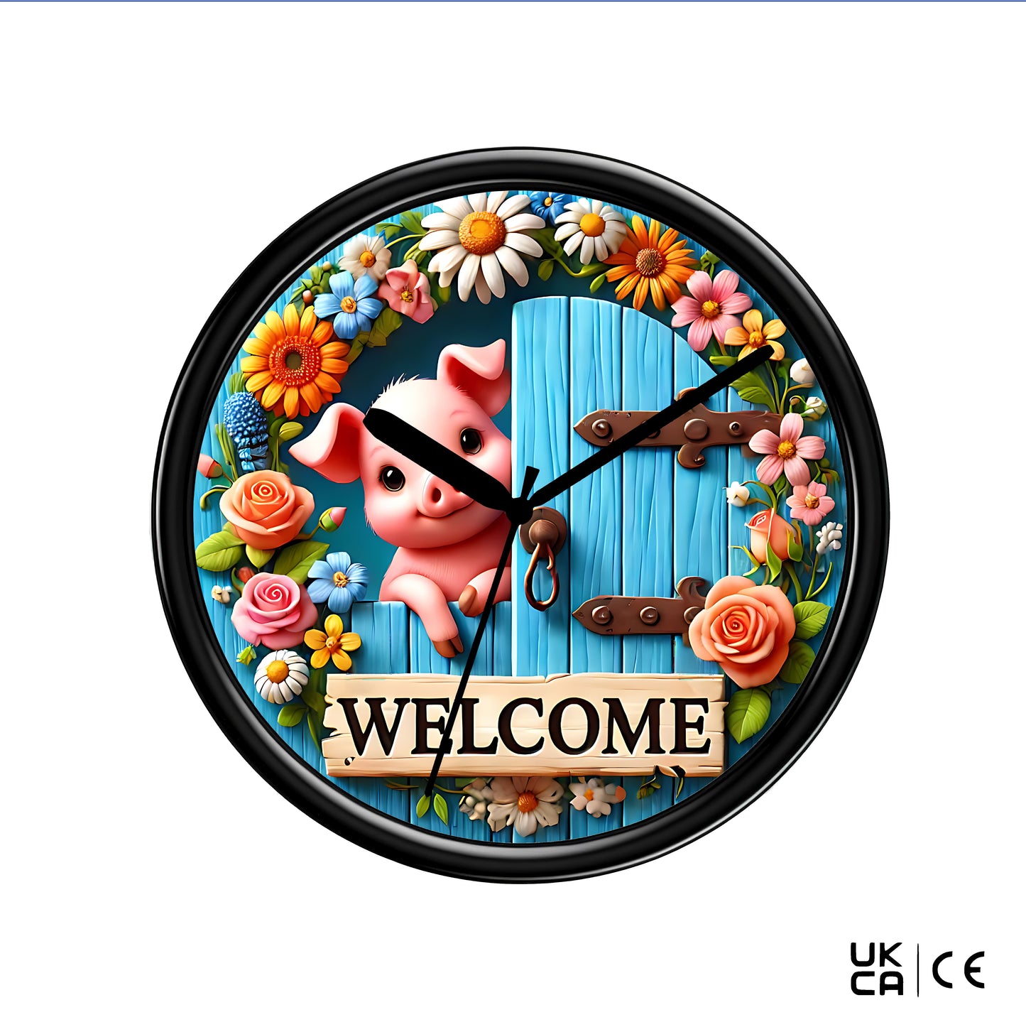 Wall clock on a plain white background, featuring a pig and a sign saying "welcome"