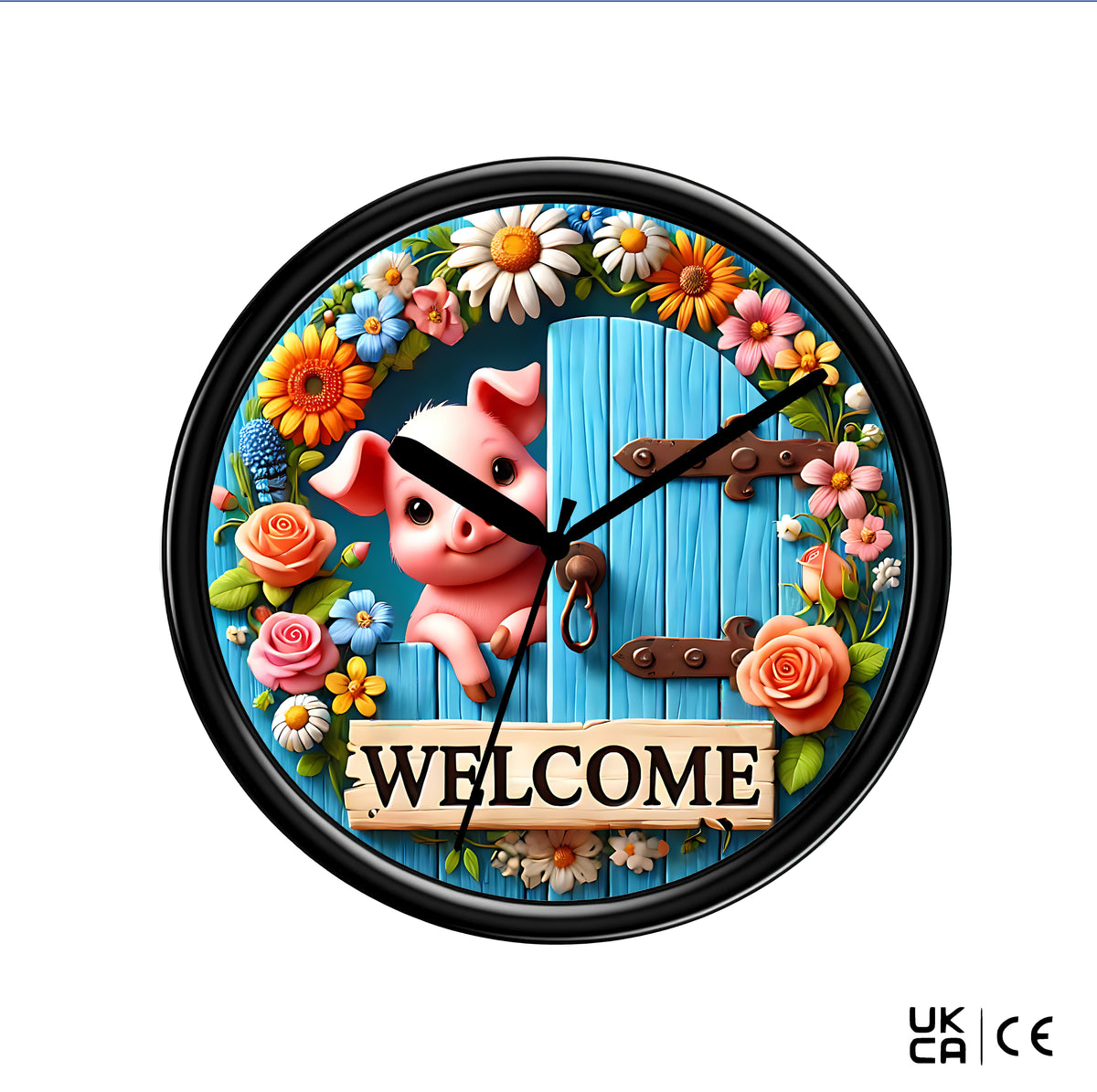 Wall clock on a plain white background, featuring a pig and a sign saying "welcome"