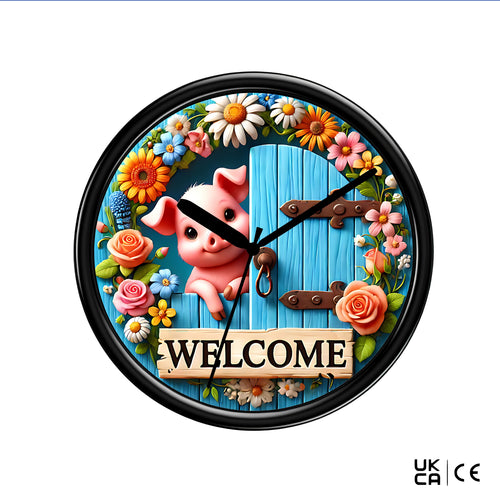 Wall clock on a plain white background, featuring a pig and a sign saying "welcome"