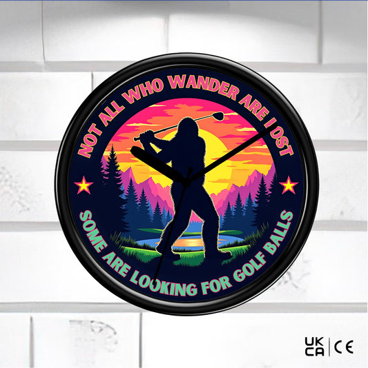 Golfer wall clock featuring the saying "not all that wonder are lost" black clock on a tiled background