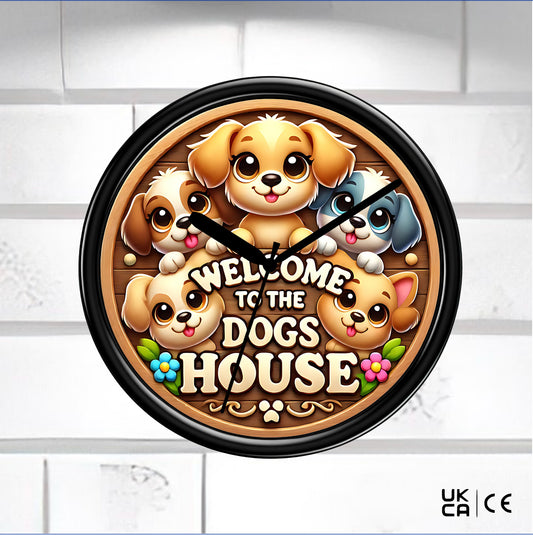 Wall clock with cartoon dogs and 'Welcome to the Dogs House' text on a white tiled wall.