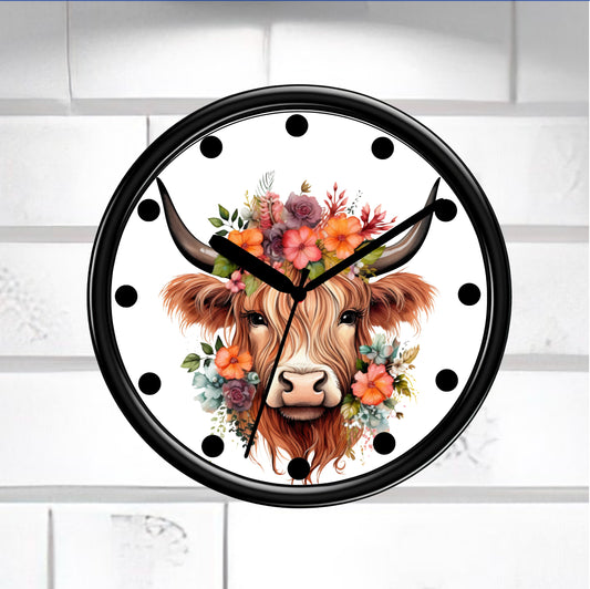 Highland Cow Wall Clock on a white tiled wall - From NauhtyCard - Gift Store
