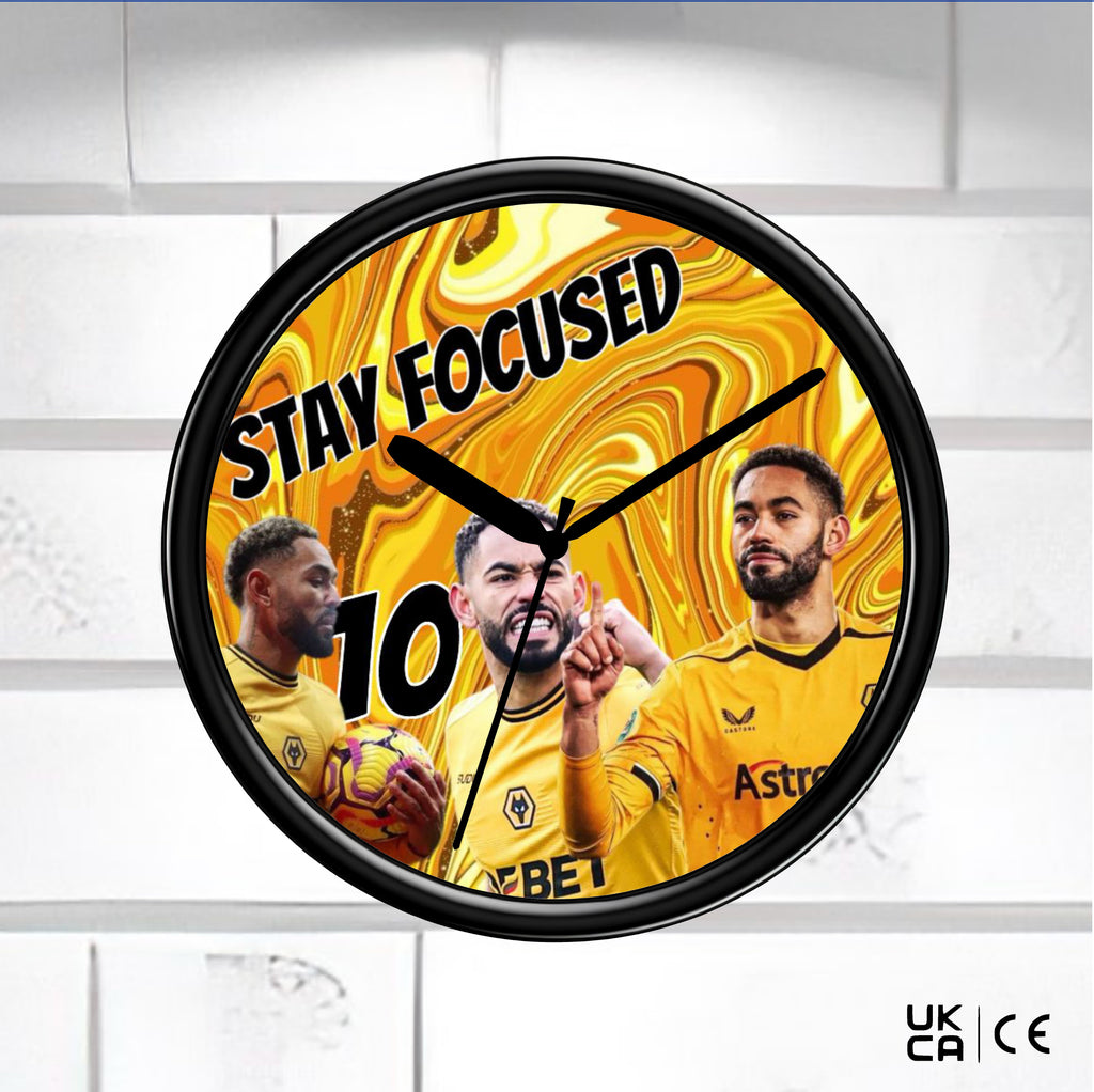 Wall clock with sports team theme and 'Stay Focused' text on a yellow background Matheus Cunha Clock