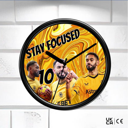 Wall clock with sports team theme and 'Stay Focused' text on a yellow background Matheus Cunha Clock