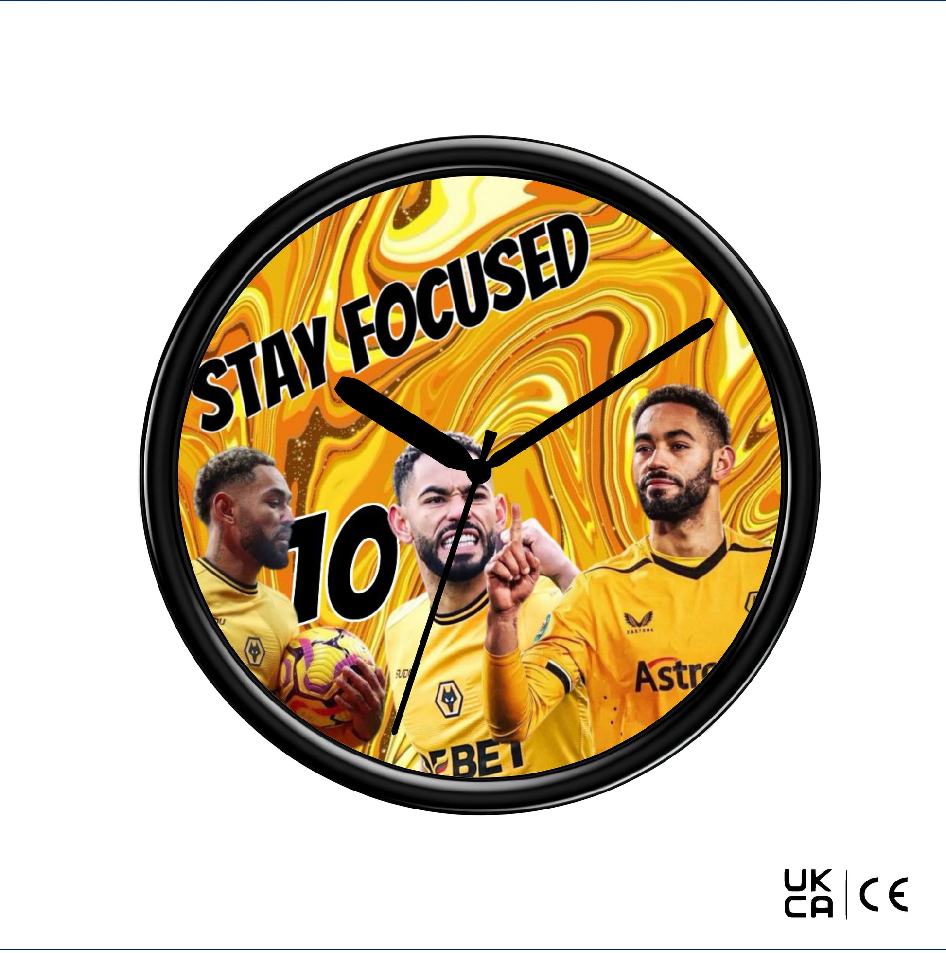 Wall clock with Matheus Cunha theme and 'Stay Focused' text on a yellow background