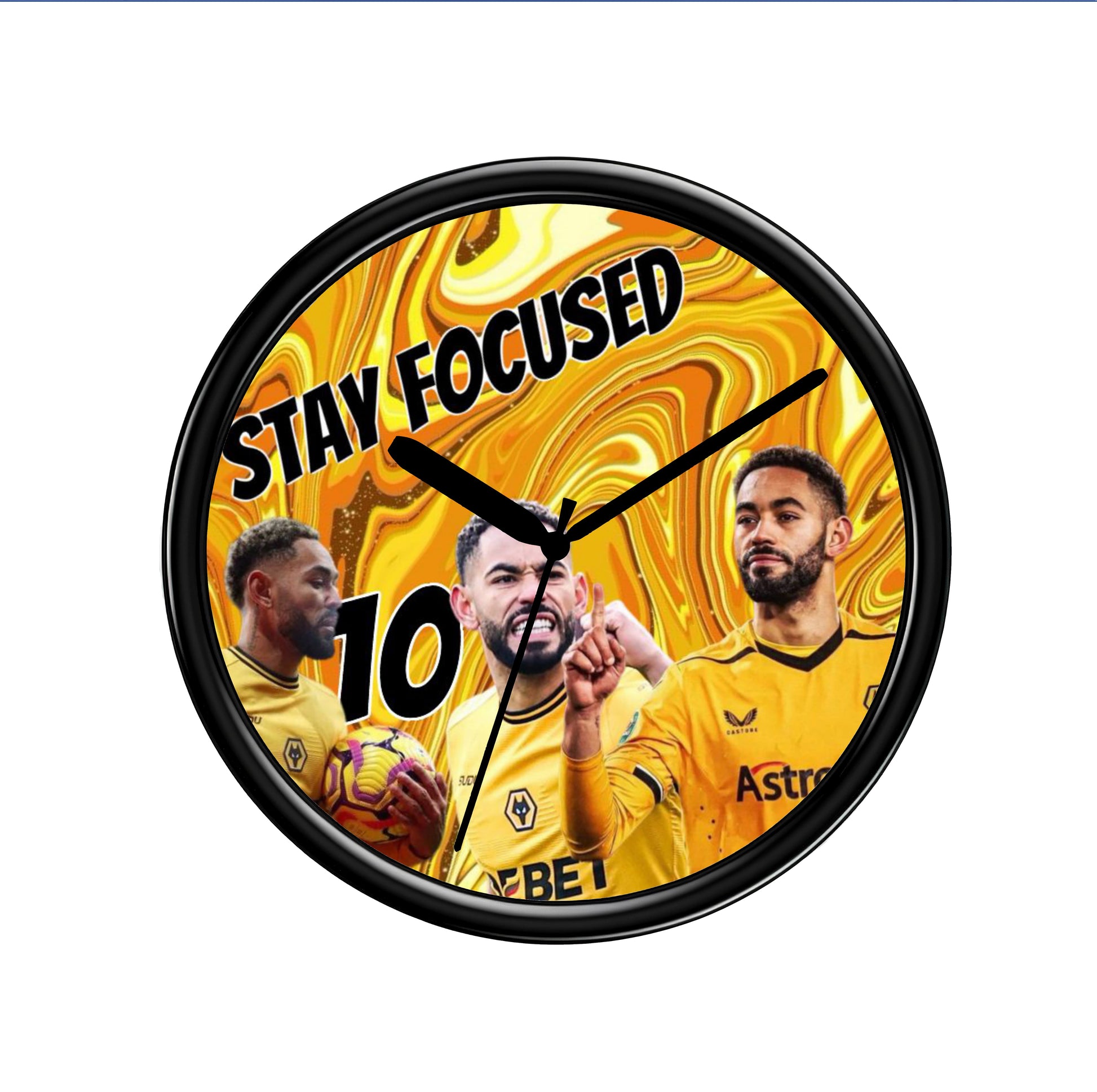 Matheus Cunha Wall clock with sports team theme and motivational text on a yellow background