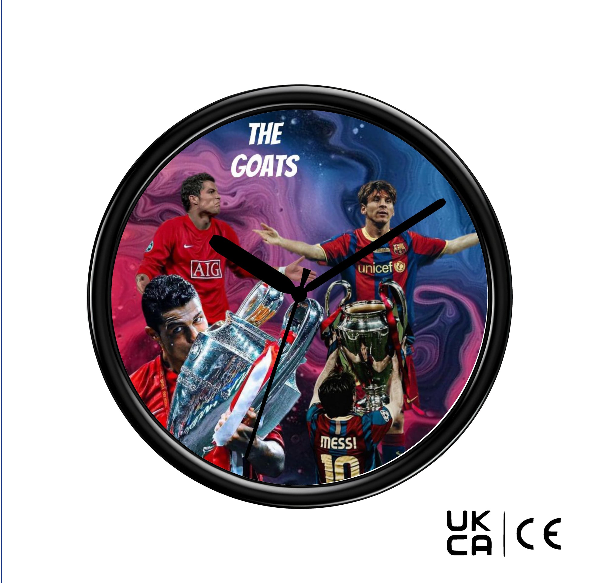 Wall clock featuring images of soccer players and a trophy with 'The Goats' text on a white background.