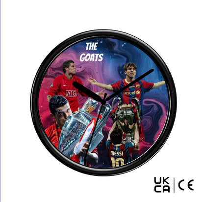 Wall clock featuring images of soccer players and a trophy with 'The Goats' text on a white background.