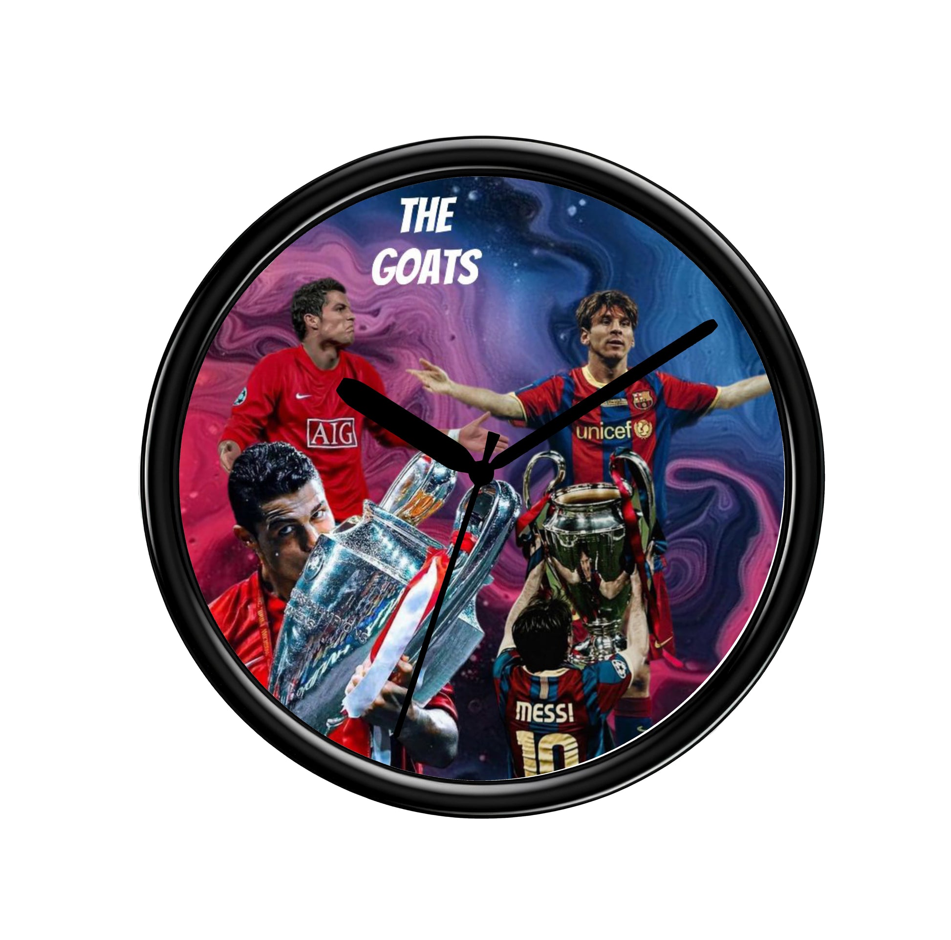 The Goats Wall clock featuring images of Football players and a trophy on a colourful background.