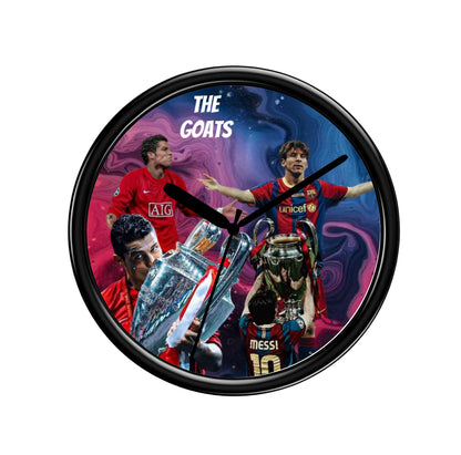The Goats Wall clock featuring images of Football players and a trophy on a colourful background.