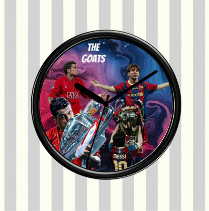 Wall clock featuring images of Football players and trophies with 'The Goats' text on a striped background.