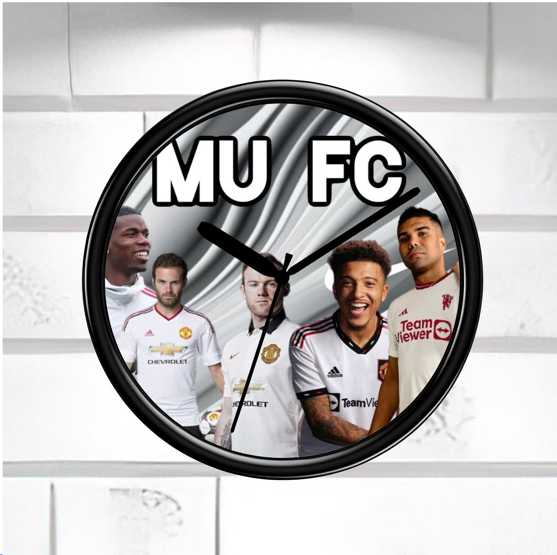 Wall clock with football player images on a white background