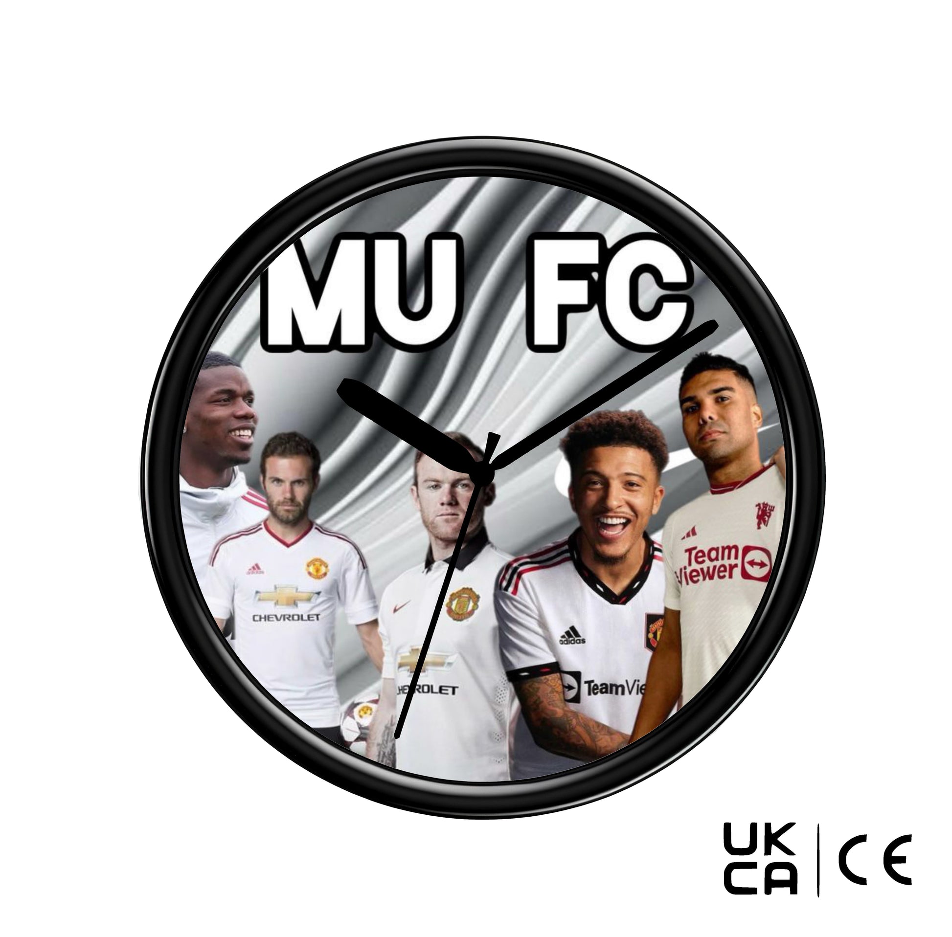 Wall clock with Man U logo and player images on a white background