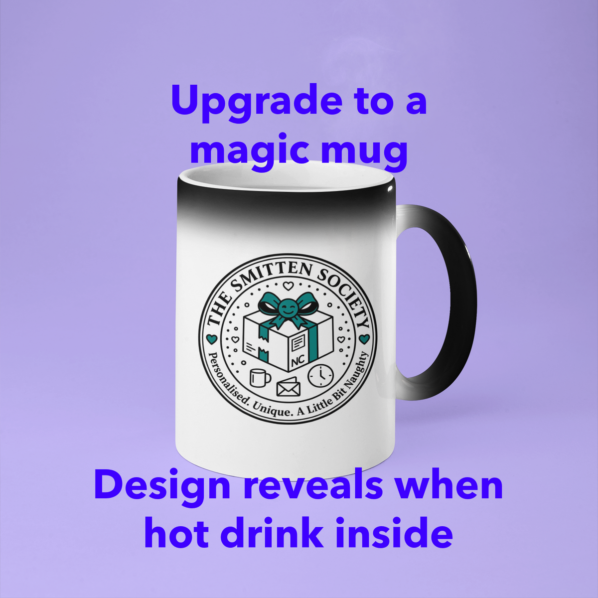 A white ceramic mug with a black handle and black top rim, shown on a lavender background with promotional text. The mug features a circular 'The Smitten Society' logo with a teal gift box and green accents.
