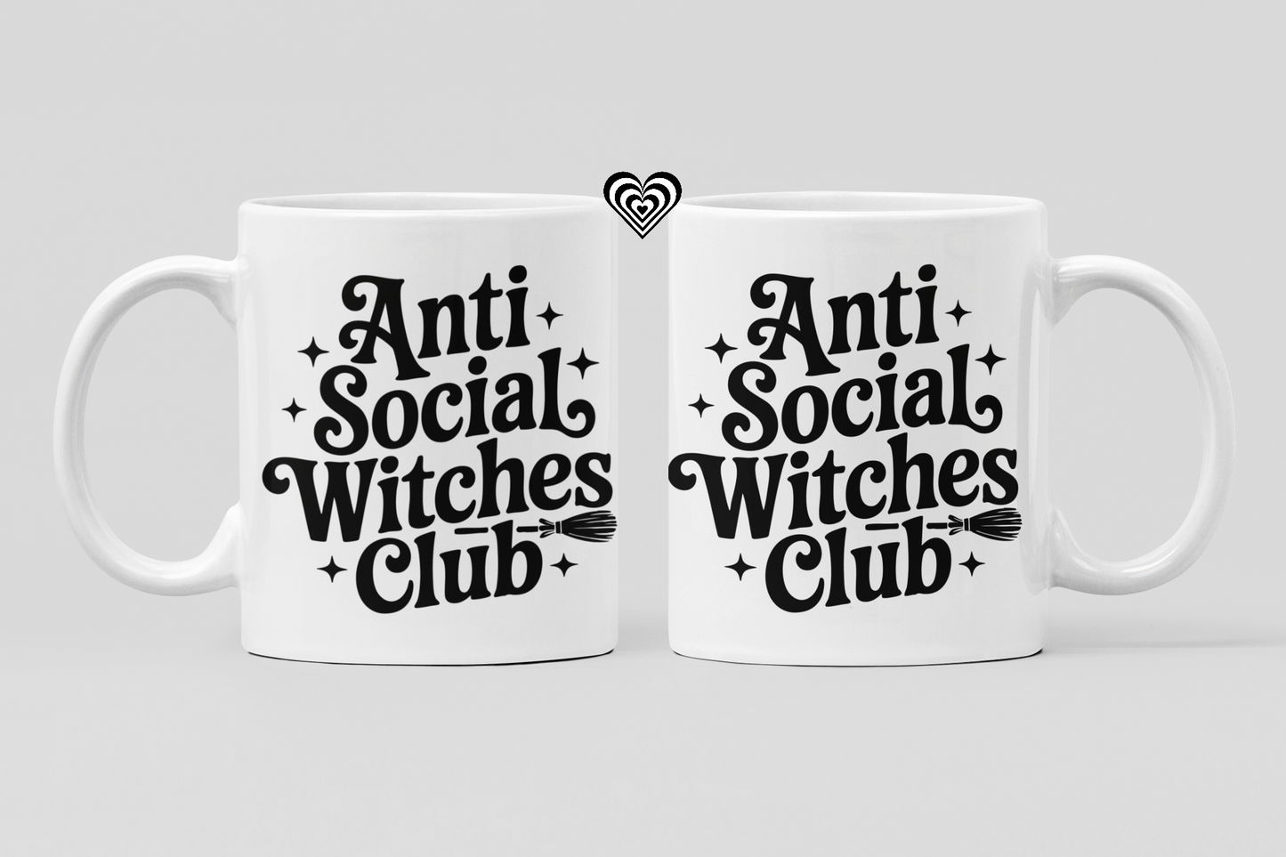 Two white mugs with 'Anti Social Witches Club' text on a light gray background