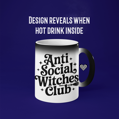 Mug with 'Anti Social Witches Club' text on a blue background