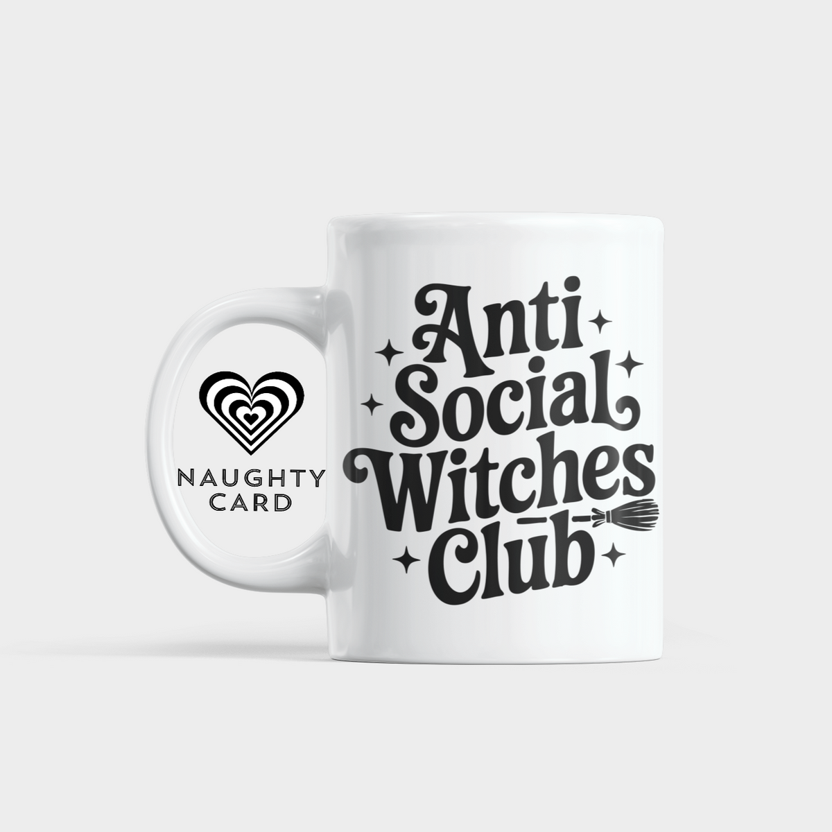White mug with 'Anti Social Witches Club' text on a white background