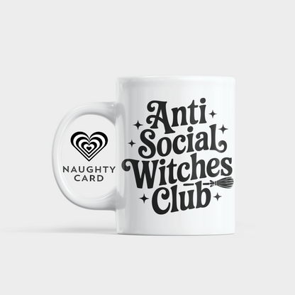 White mug with 'Anti Social Witches Club' text on a white background