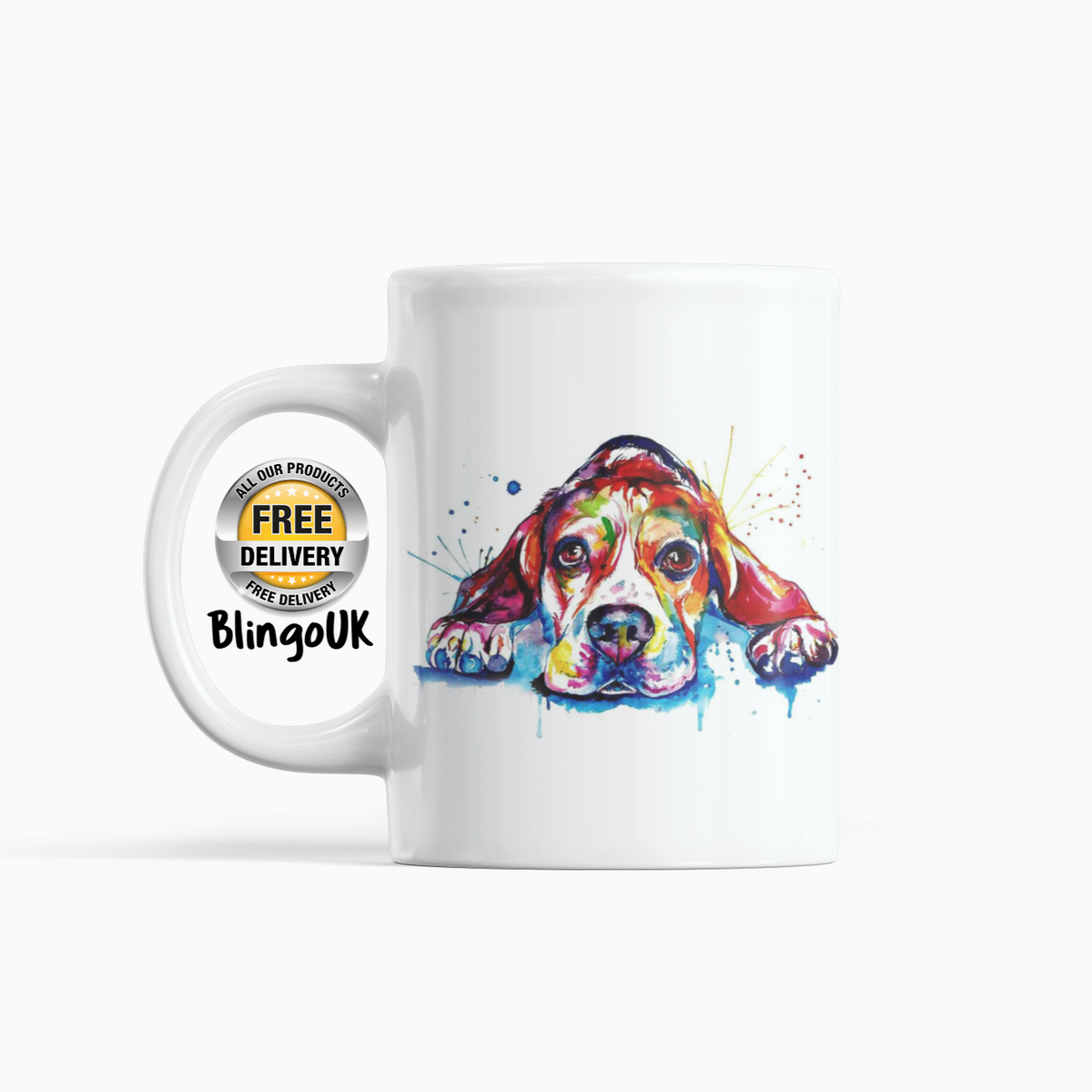 Beagle Personalised Water Colour Mug From NaughtyCard. Watercolour animal mug.