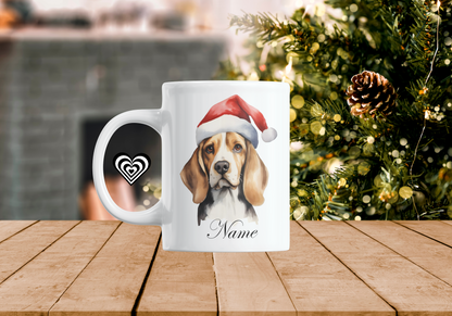 Personalised Beagle Mug from NaughtyCard add any name. White mug with a Christmas background