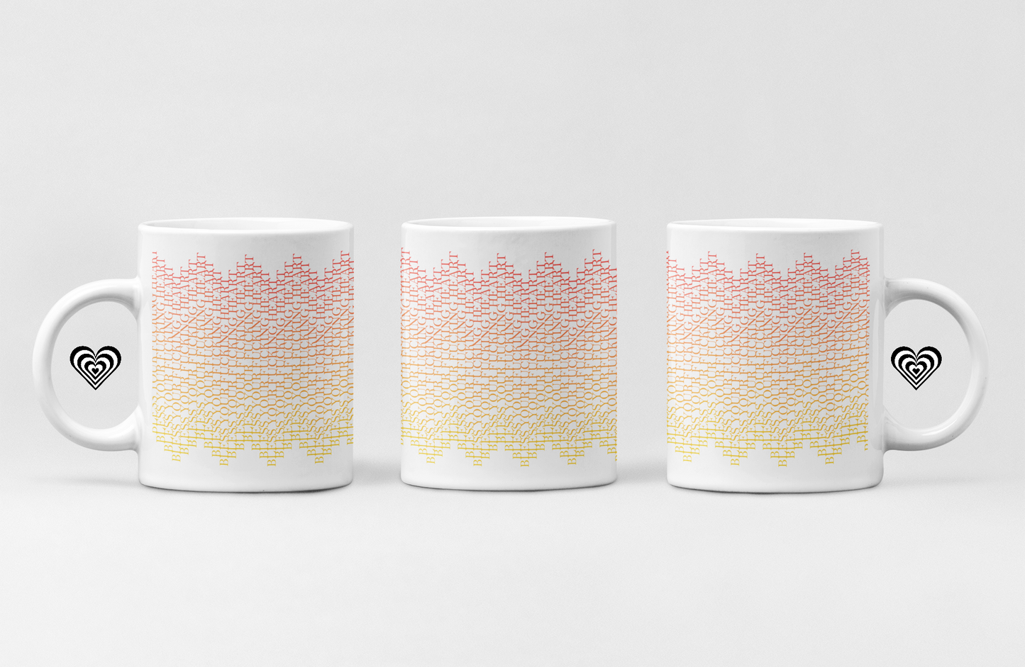 Three mugs with a gradient design and heart symbol on a white background