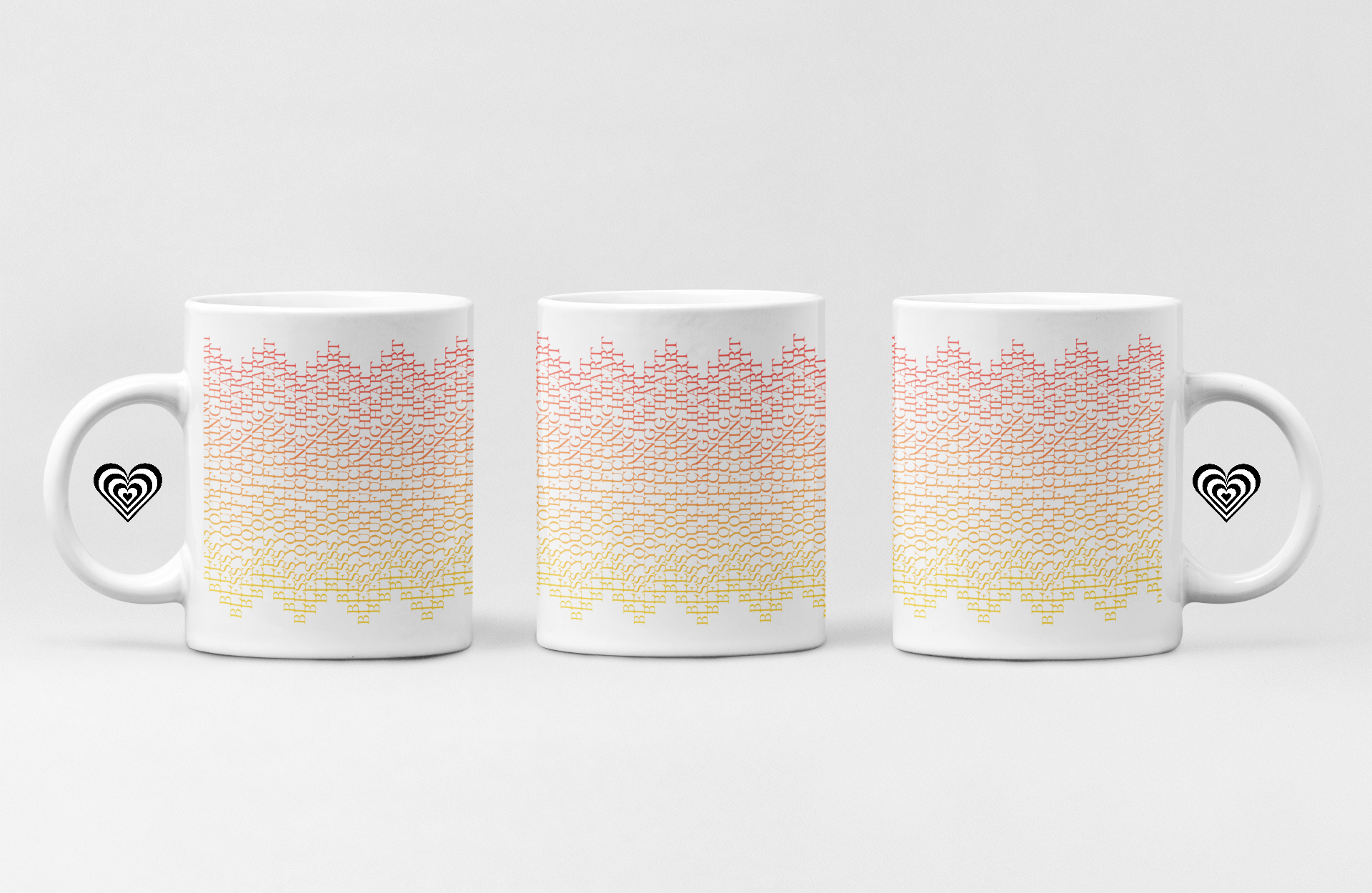 Three mugs with a gradient design and heart symbol on a white background