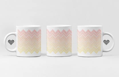 Three mugs with a gradient design and heart symbol on a white background