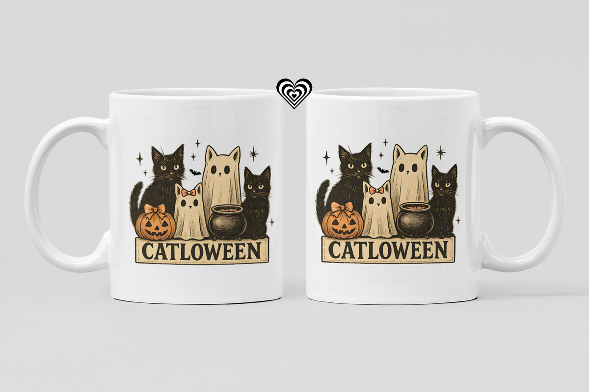 Two white mugs with Halloween-themed design featuring cats and text on a light gray background.