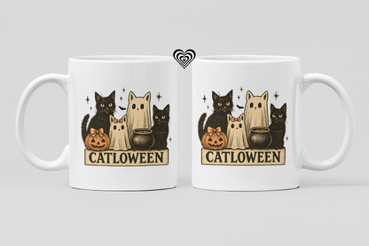 Two white mugs with Halloween-themed design featuring cats and text on a light gray background.