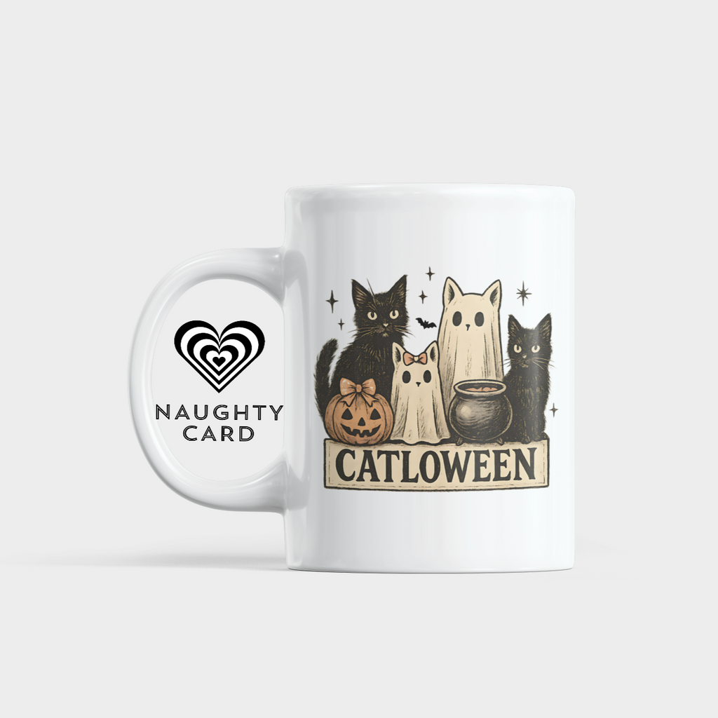 White mug with Halloween-themed design featuring cats and text on a white background