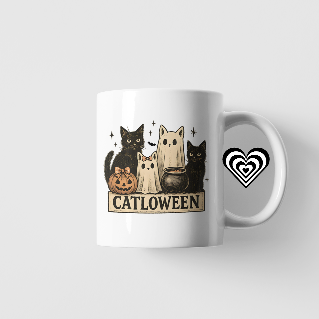 White mug with cat-themed design on a white background