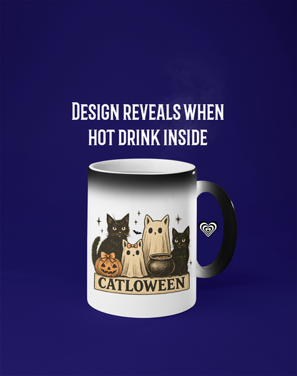 Mug with Halloween-themed design featuring cats and pumpkins on a blue background.