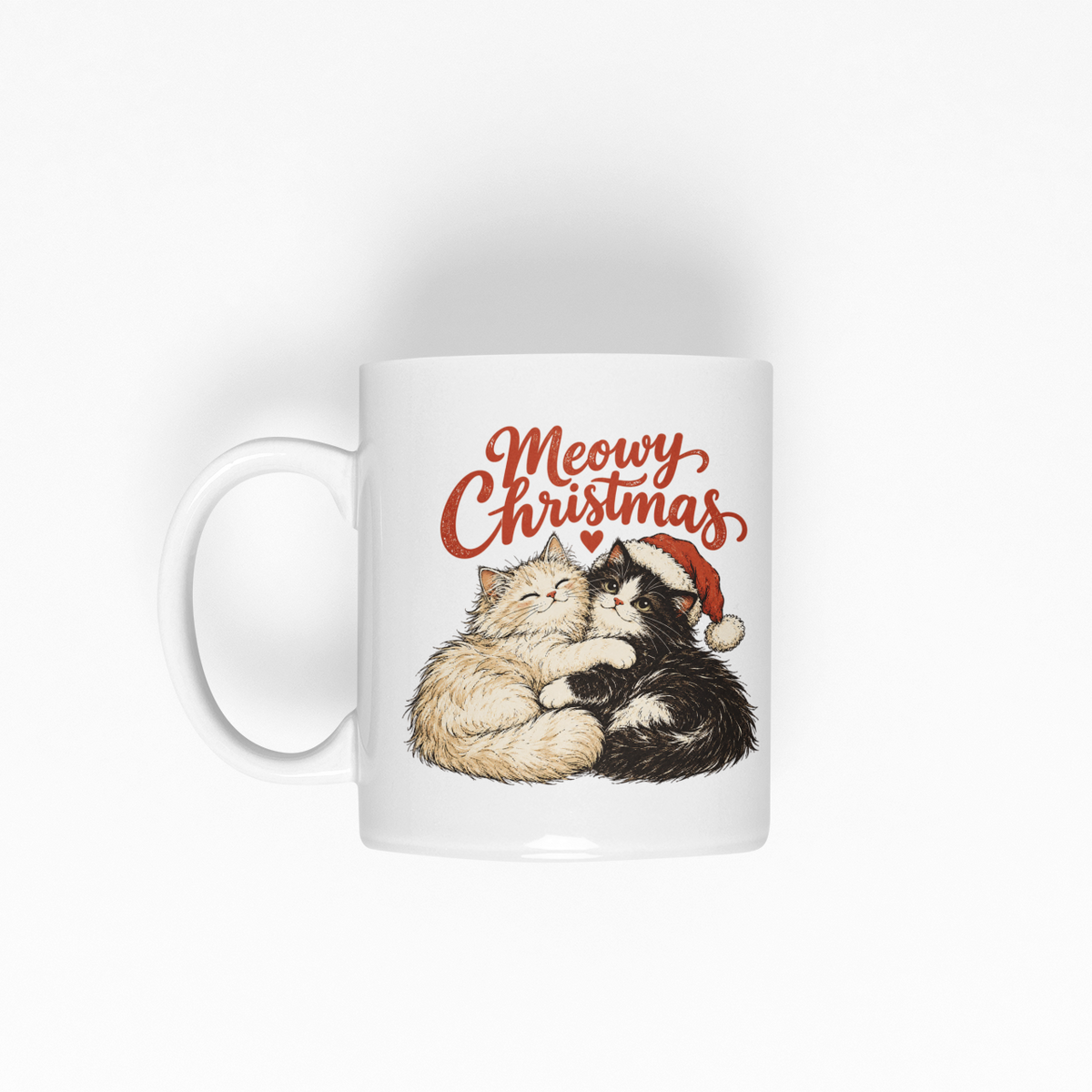 A white ceramic mug featuring a festive graphic of two sleeping cats wearing Santa hats under the text 'Meowy Christmas' in red cursive, shown against a plain white background.