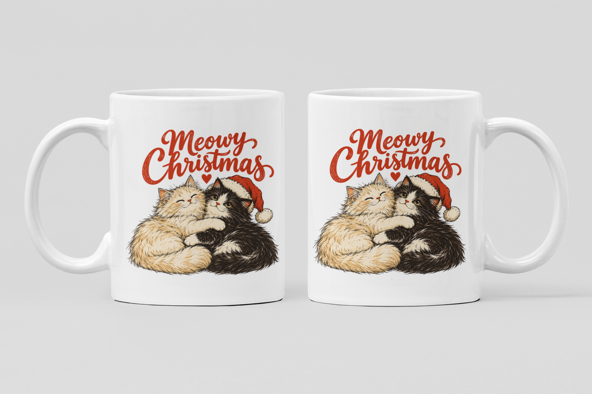 Two white ceramic mugs shown side by side on a light gray background, each printed with the phrase 'Meowy Christmas' in red script above an illustration of two cats hugging and wearing Santa hats.