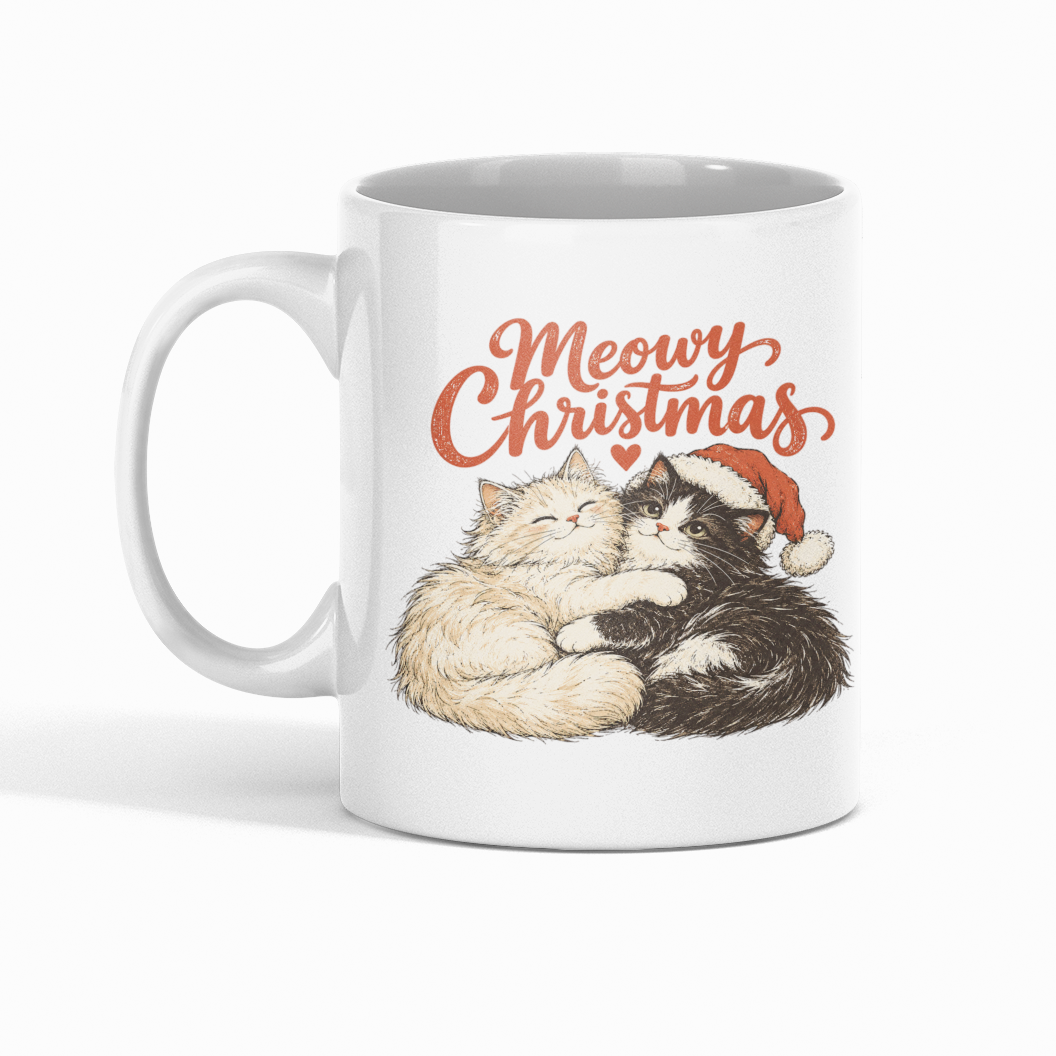 A white ceramic mug featuring a 'Meowy Christmas' graphic with two sleeping cats hugging and a red Santa hat, set against a plain white background.