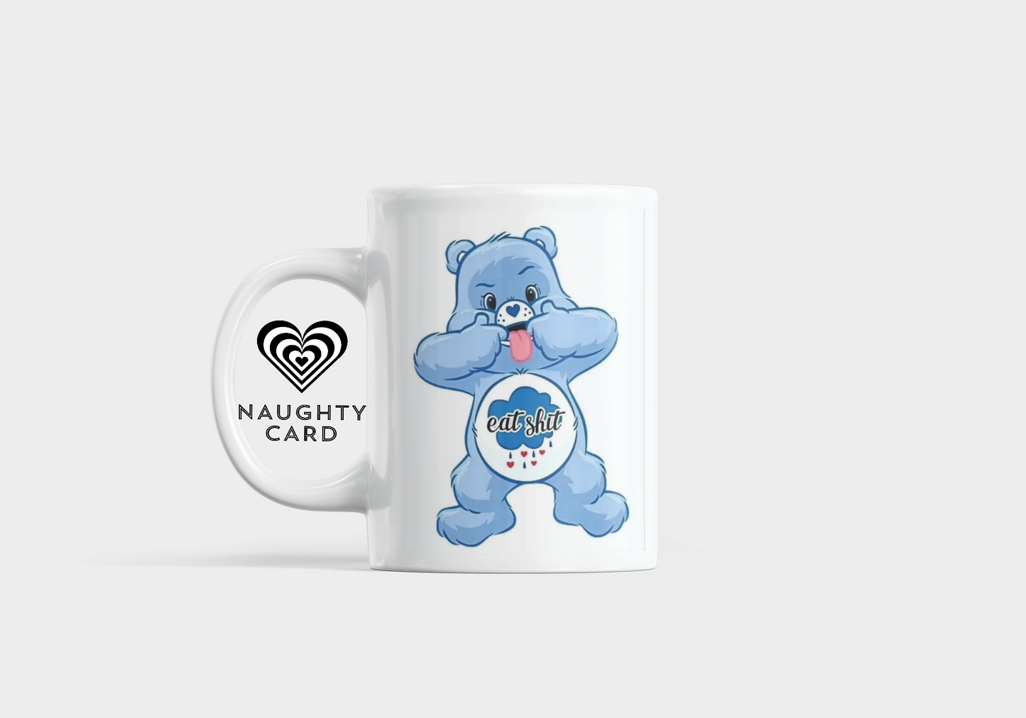 Mug with a blue naughty bear design and 'eat sh*t' text on a white background