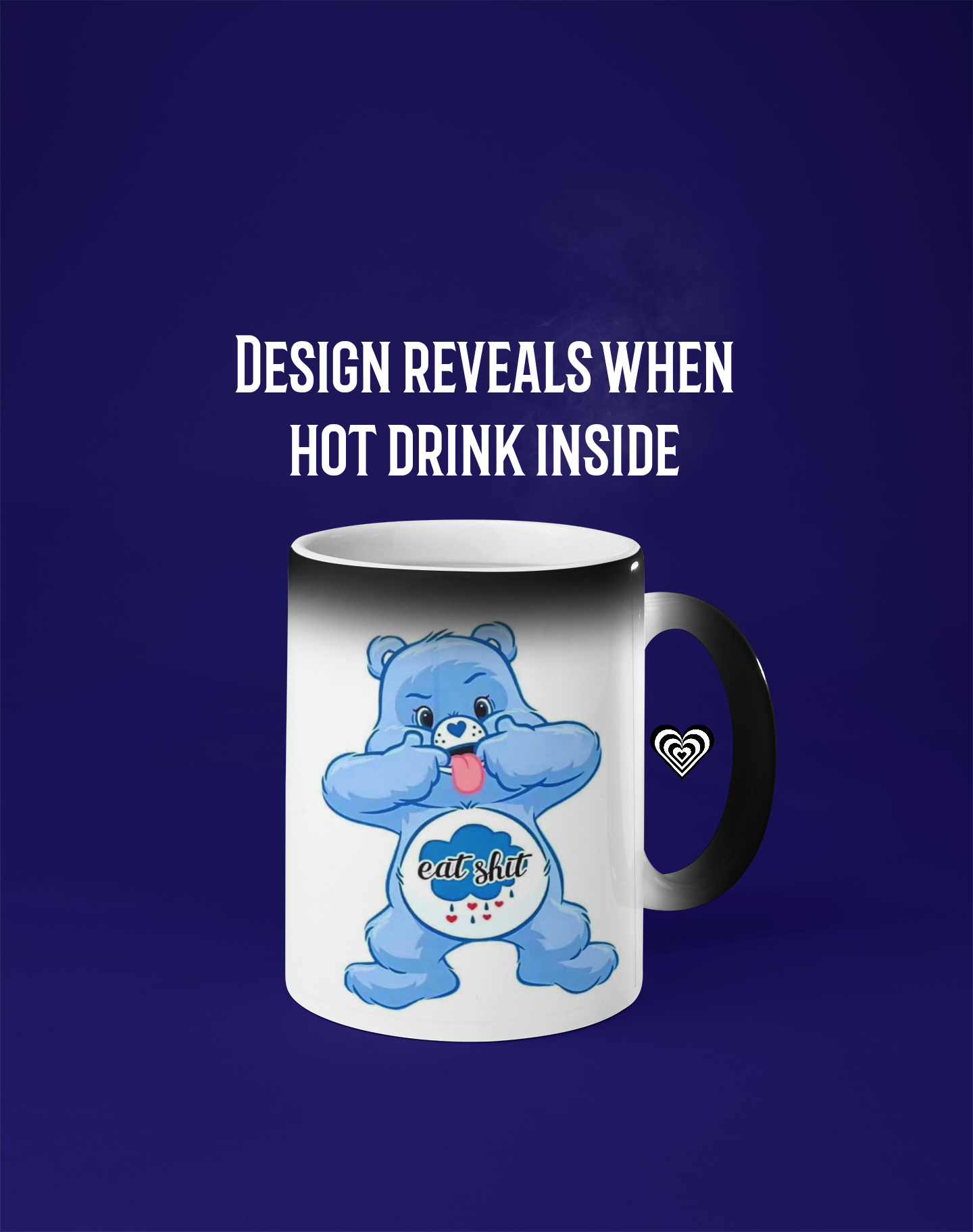 Mug with a blue naughty bear design and 'eat sh*t' text on a dark blue background